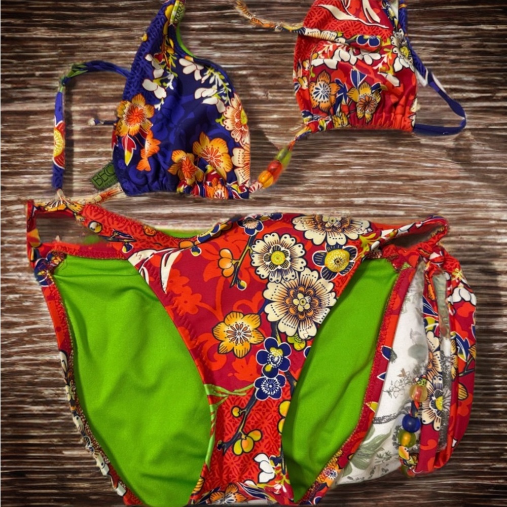 BECCA Red and Blue Floral Beaded Bikini Swimwear
